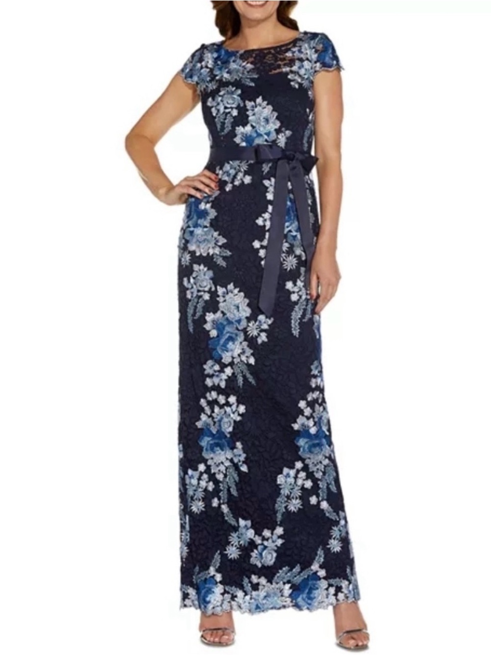 Adrianna Papell Embroidered Lace Column Gown Navy Blue Floral Formal Dress 14